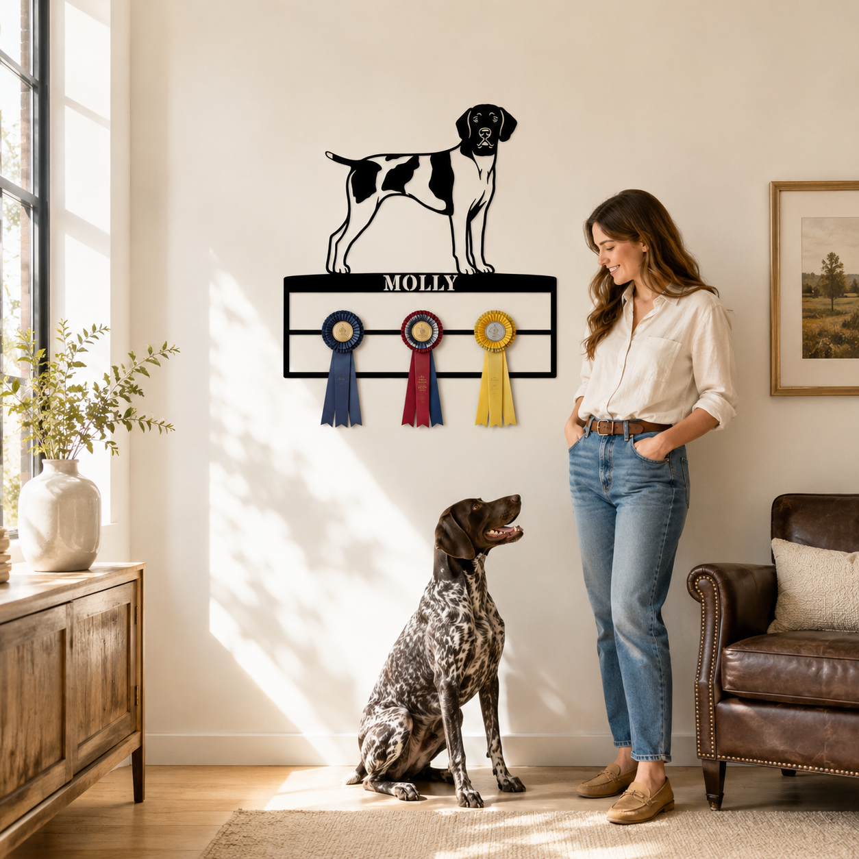 Personalized German Shorthaired Pointer Rosette Name Metal Sign. Custom Dog Champion Ribbon Display