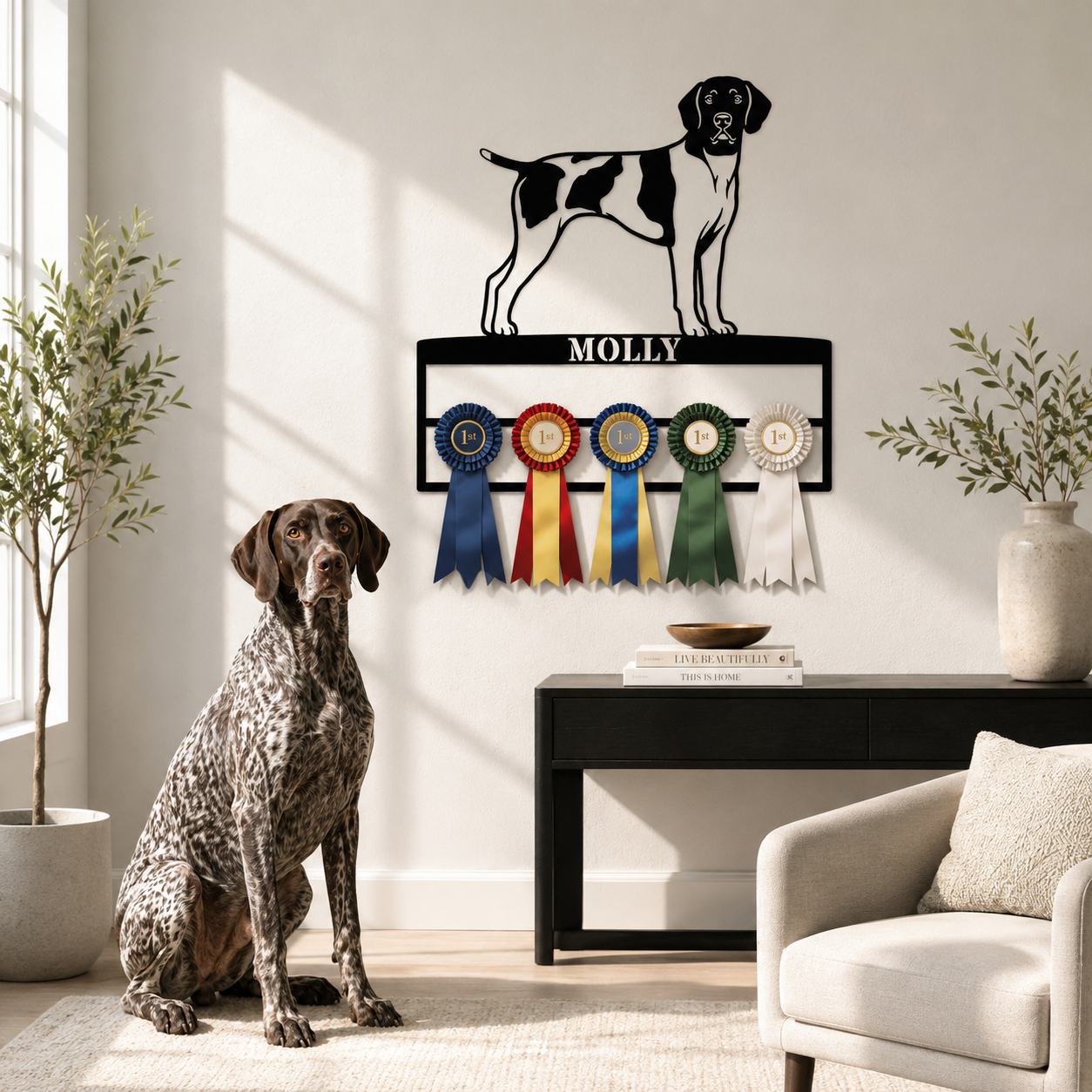 Personalized German Shorthaired Pointer Rosette Name Metal Sign. Custom Dog Champion Ribbon Display