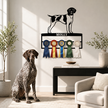Personalized German Shorthaired Pointer Rosette Name Metal Sign. Custom Dog Champion Ribbon Display