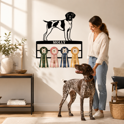 Personalized German Shorthaired Pointer Rosette Name Metal Sign. Custom Dog Champion Ribbon Display
