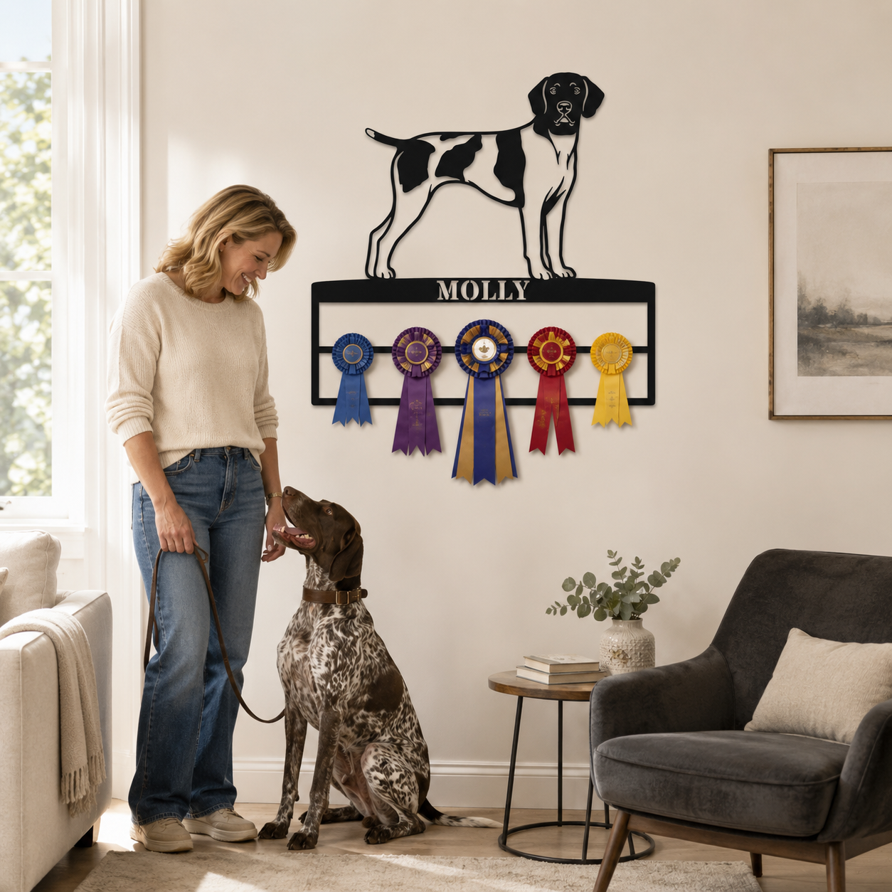 Personalized German Shorthaired Pointer Rosette Name Metal Sign. Custom Dog Champion Ribbon Display