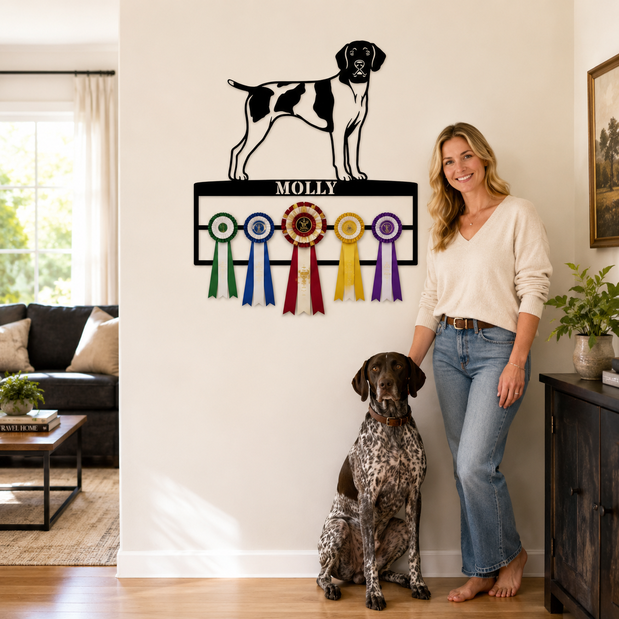 Personalized German Shorthaired Pointer Rosette Name Metal Sign. Custom Dog Champion Ribbon Display