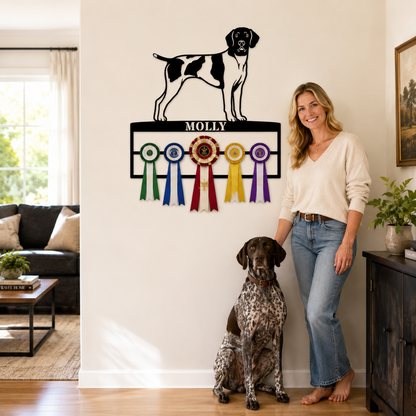 Personalized German Shorthaired Pointer Rosette Name Metal Sign. Custom Dog Champion Ribbon Display