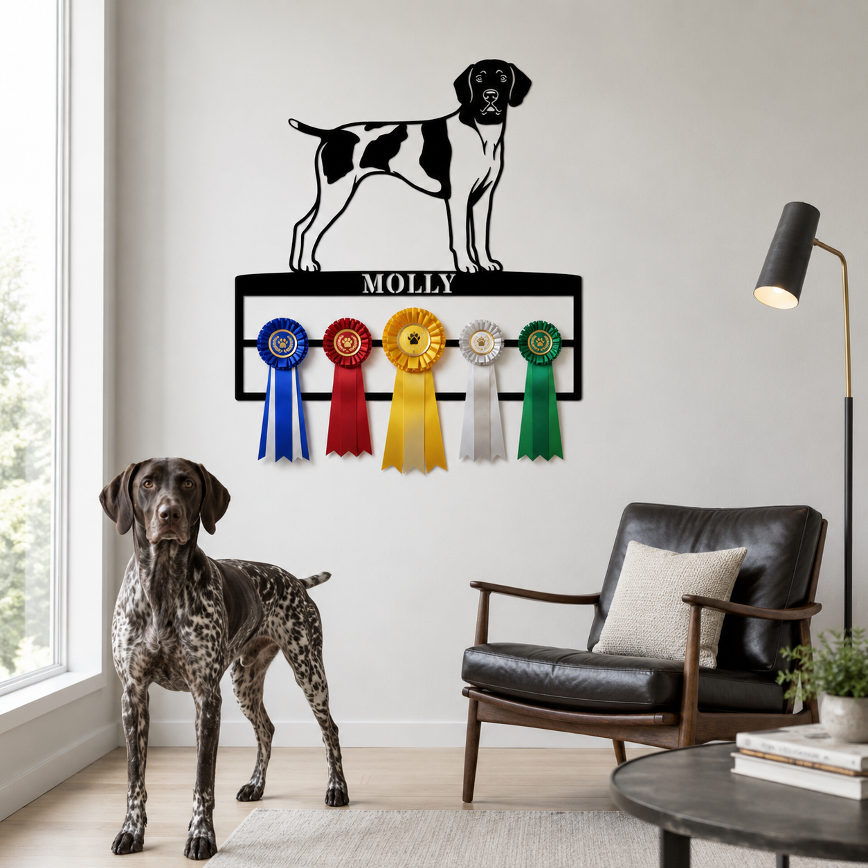 Personalized German Shorthaired Pointer Rosette Name Metal Sign. Custom Dog Champion Ribbon Display