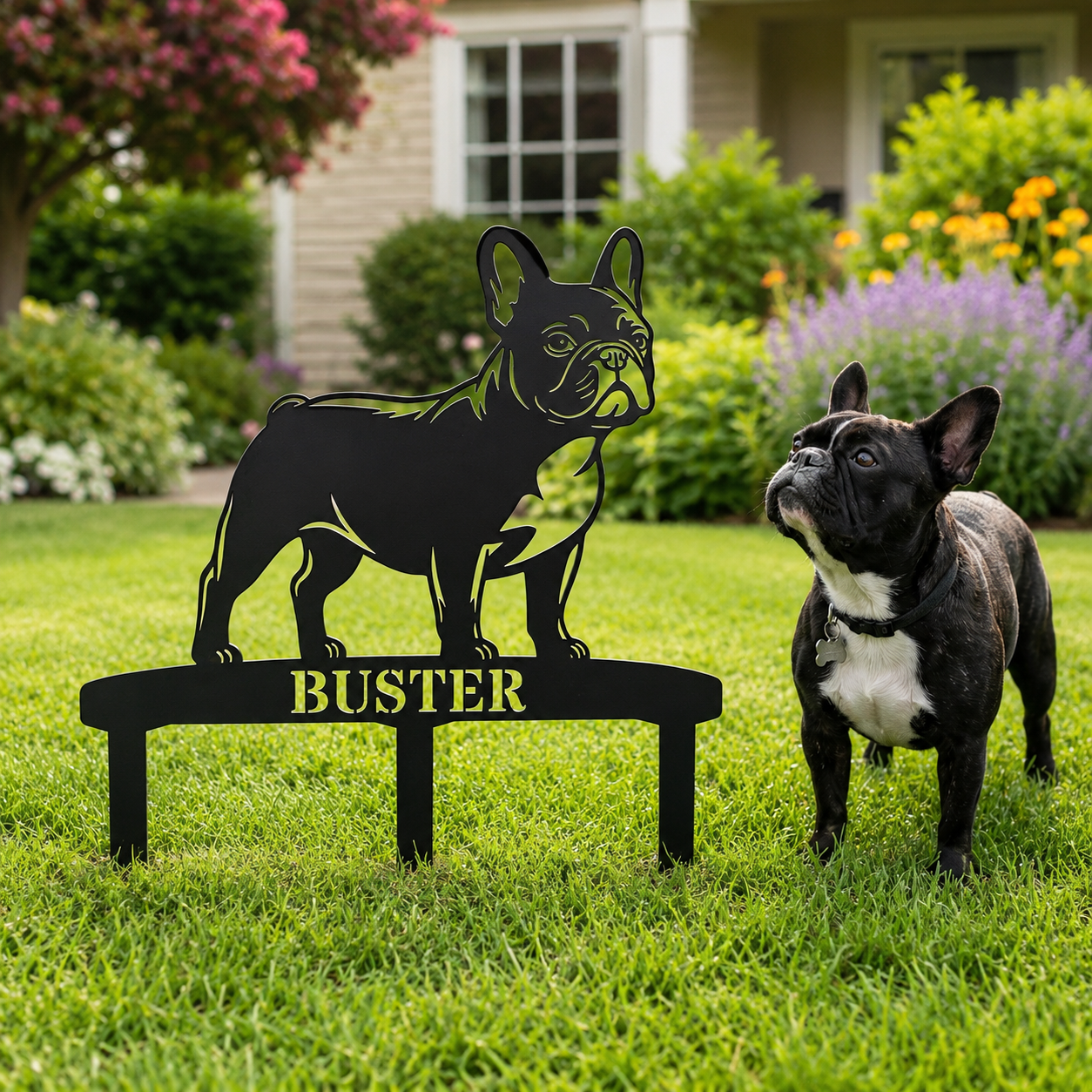 Personalized French Bulldog Garden Metal Sign With Stakes. Custom Dog Lover Name Gift