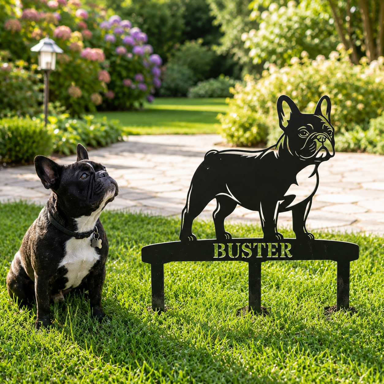 Personalized French Bulldog Garden Metal Sign With Stakes. Custom Dog Lover Name Gift