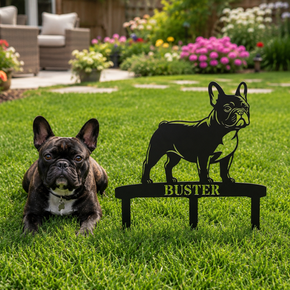 Personalized French Bulldog Garden Metal Sign With Stakes. Custom Dog Lover Name Gift