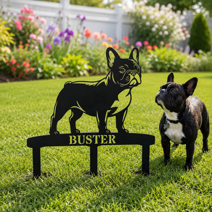 Personalized French Bulldog Garden Metal Sign With Stakes. Custom Dog Lover Name Gift