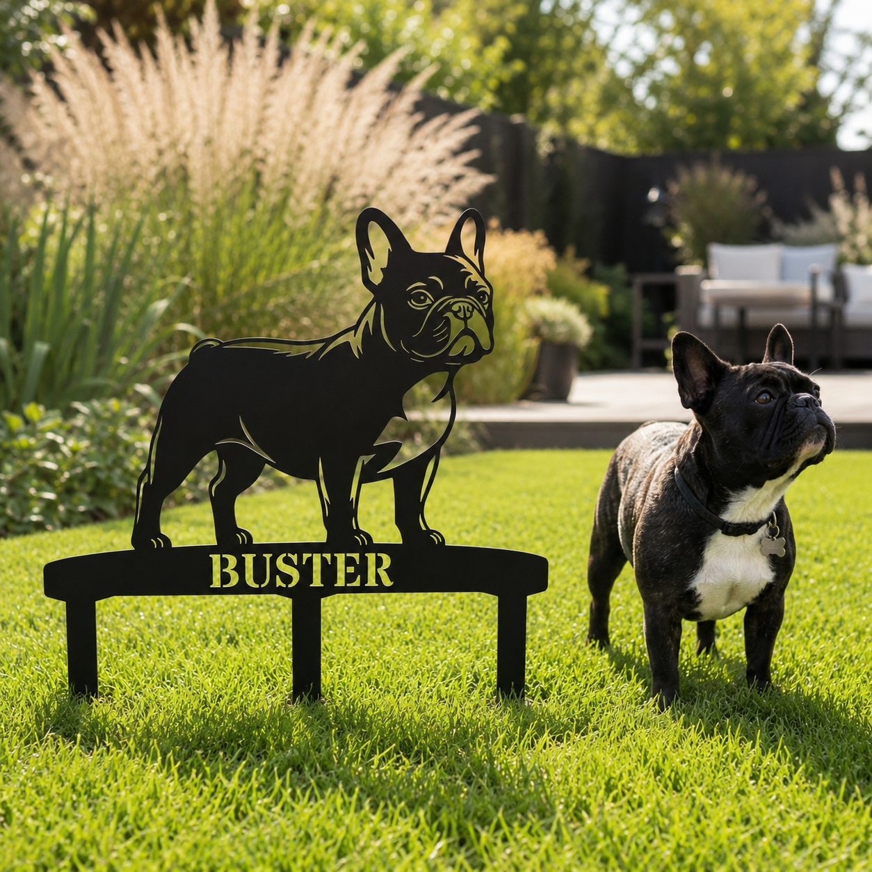 Personalized French Bulldog Garden Metal Sign With Stakes. Custom Dog Lover Name Gift