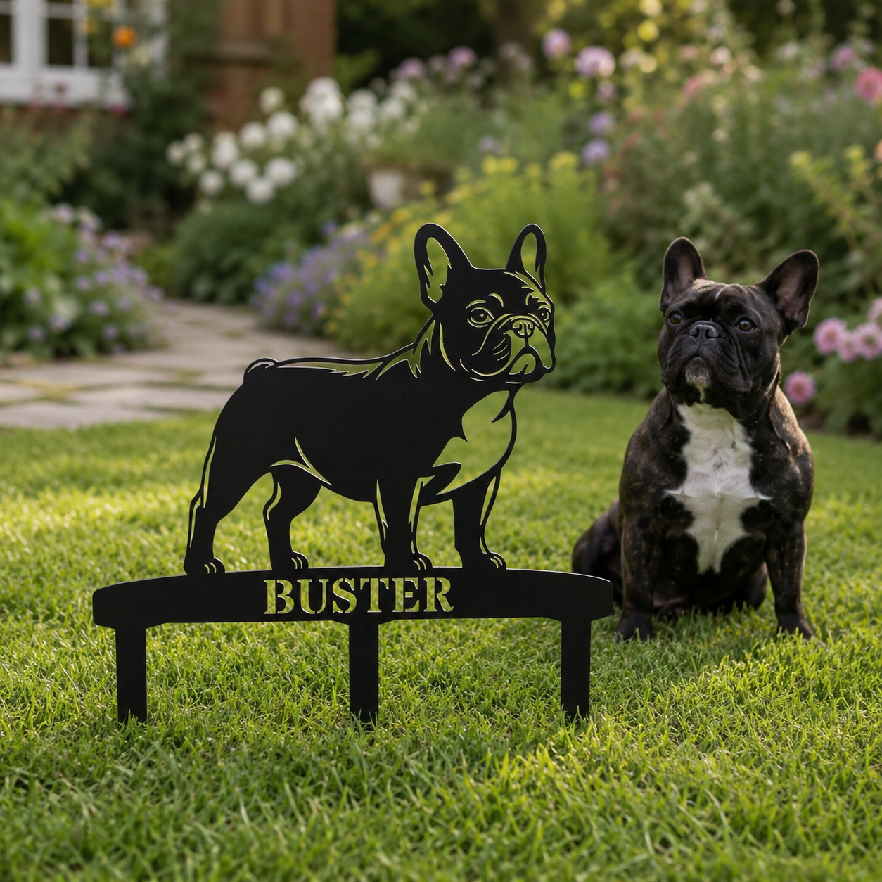 Personalized French Bulldog Garden Metal Sign With Stakes. Custom Dog Lover Name Gift