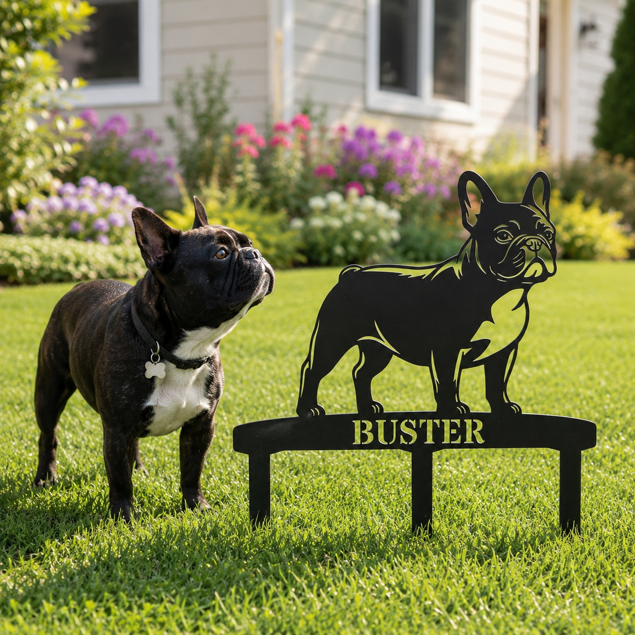 Personalized French Bulldog Garden Metal Sign With Stakes. Custom Dog Lover Name Gift