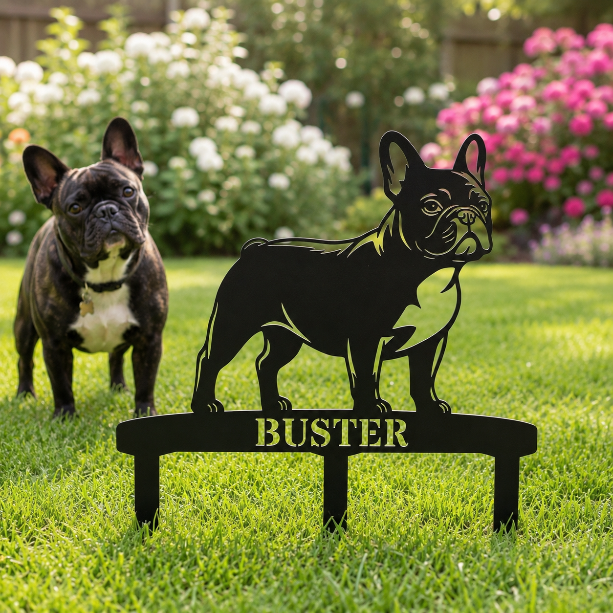 Personalized French Bulldog Garden Metal Sign With Stakes. Custom Dog Lover Name Gift