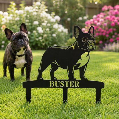 Personalized French Bulldog Garden Metal Sign With Stakes. Custom Dog Lover Name Gift