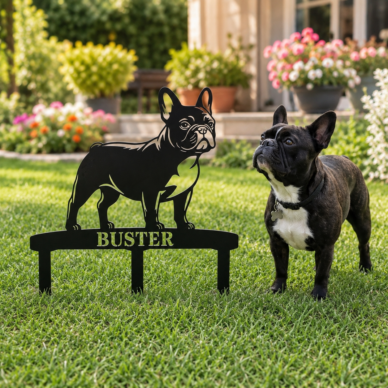 Personalized French Bulldog Garden Metal Sign With Stakes. Custom Dog Lover Name Gift