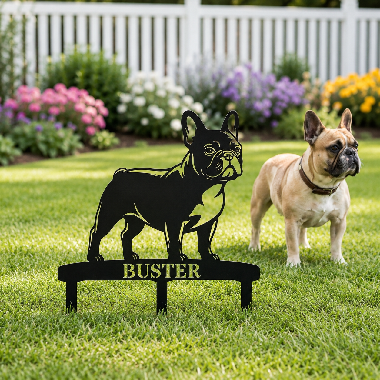 Personalized French Bulldog Garden Metal Sign With Stakes. Custom Dog Lover Name Gift
