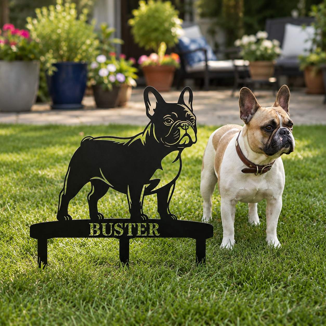 Personalized French Bulldog Garden Metal Sign With Stakes. Custom Dog Lover Name Gift
