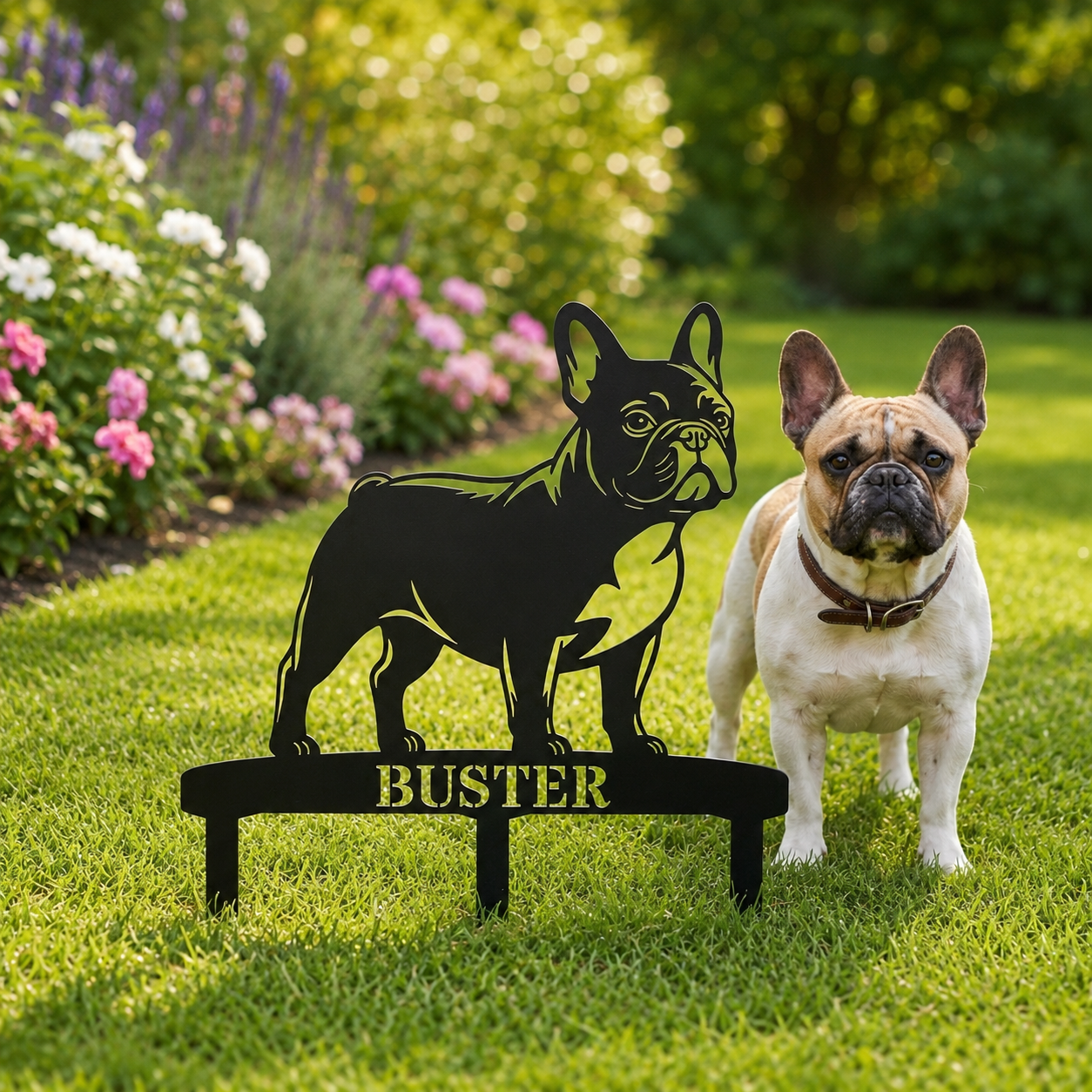 Personalized French Bulldog Garden Metal Sign With Stakes. Custom Dog Lover Name Gift