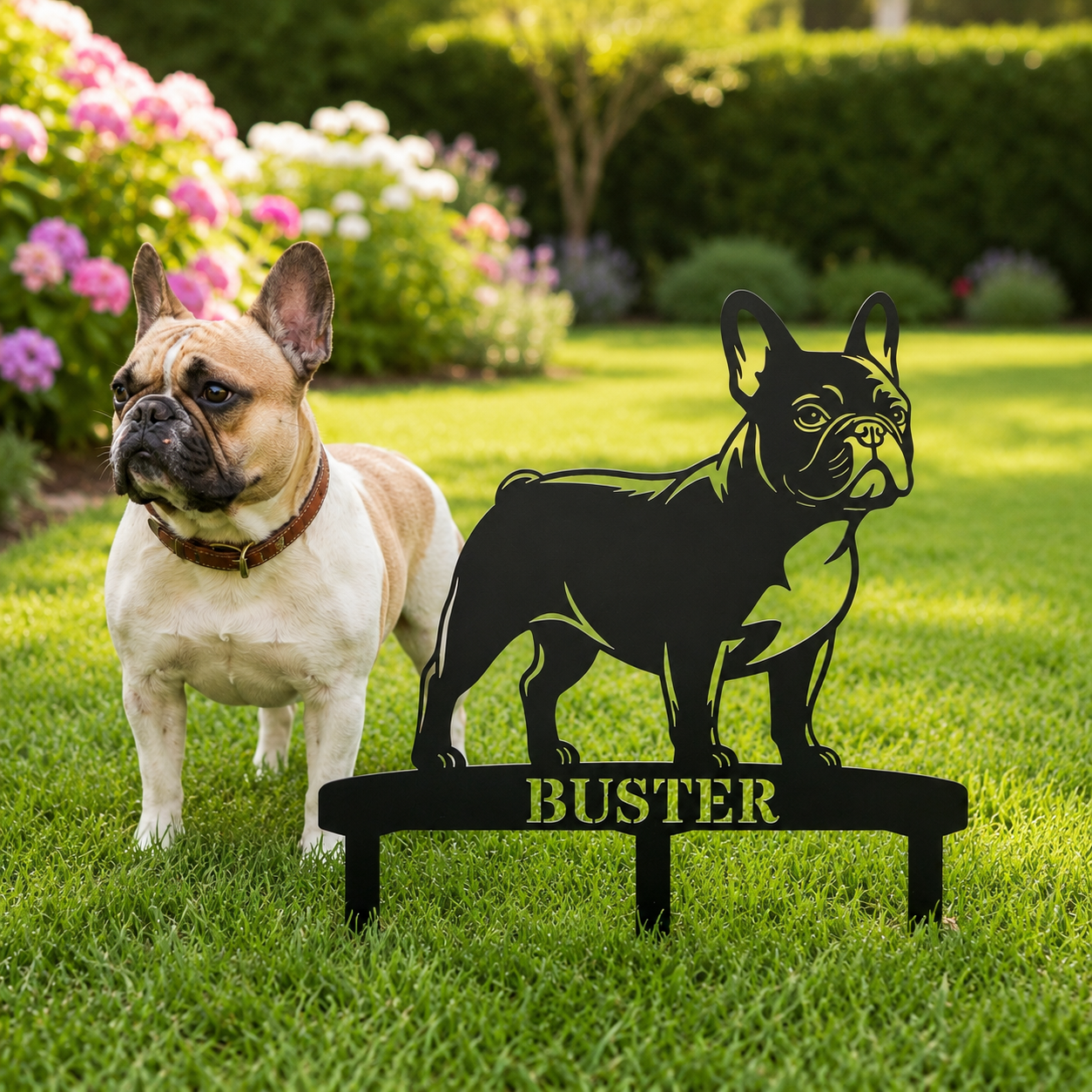 Personalized French Bulldog Garden Metal Sign With Stakes. Custom Dog Lover Name Gift
