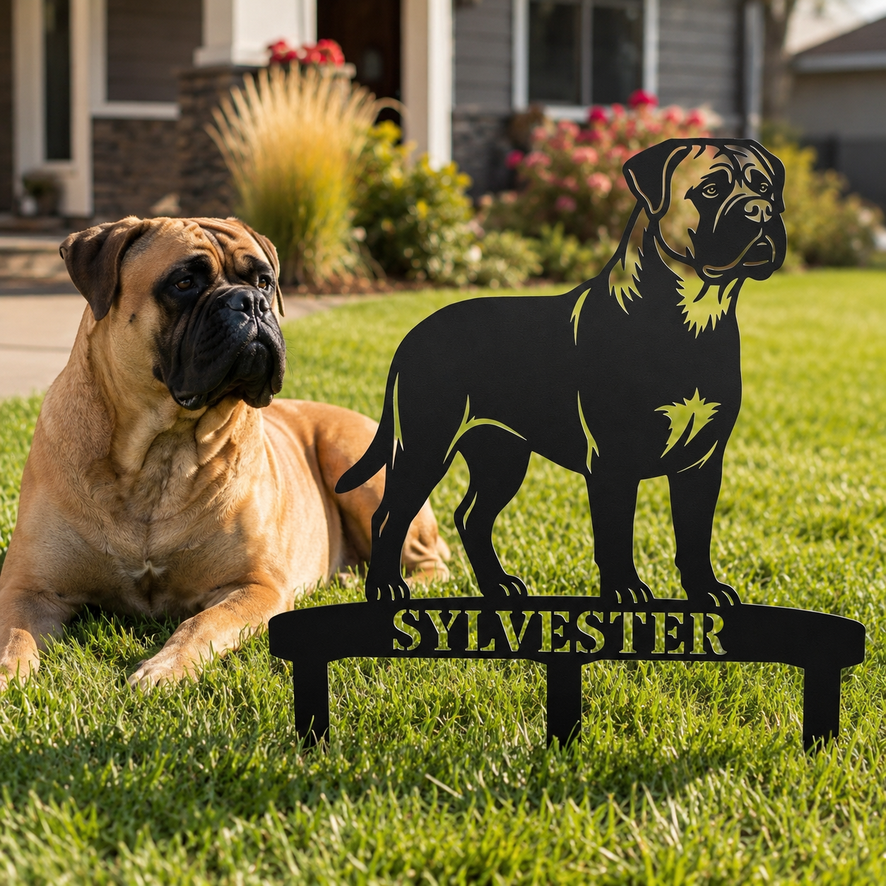 Personalized Bullmastiff Garden Metal Sign With Stakes. Custom Dog Name Gift