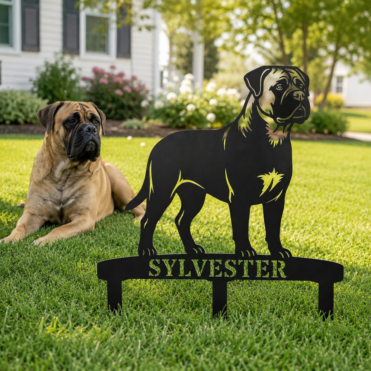 Personalized Bullmastiff Garden Metal Sign With Stakes. Custom Dog Name Gift