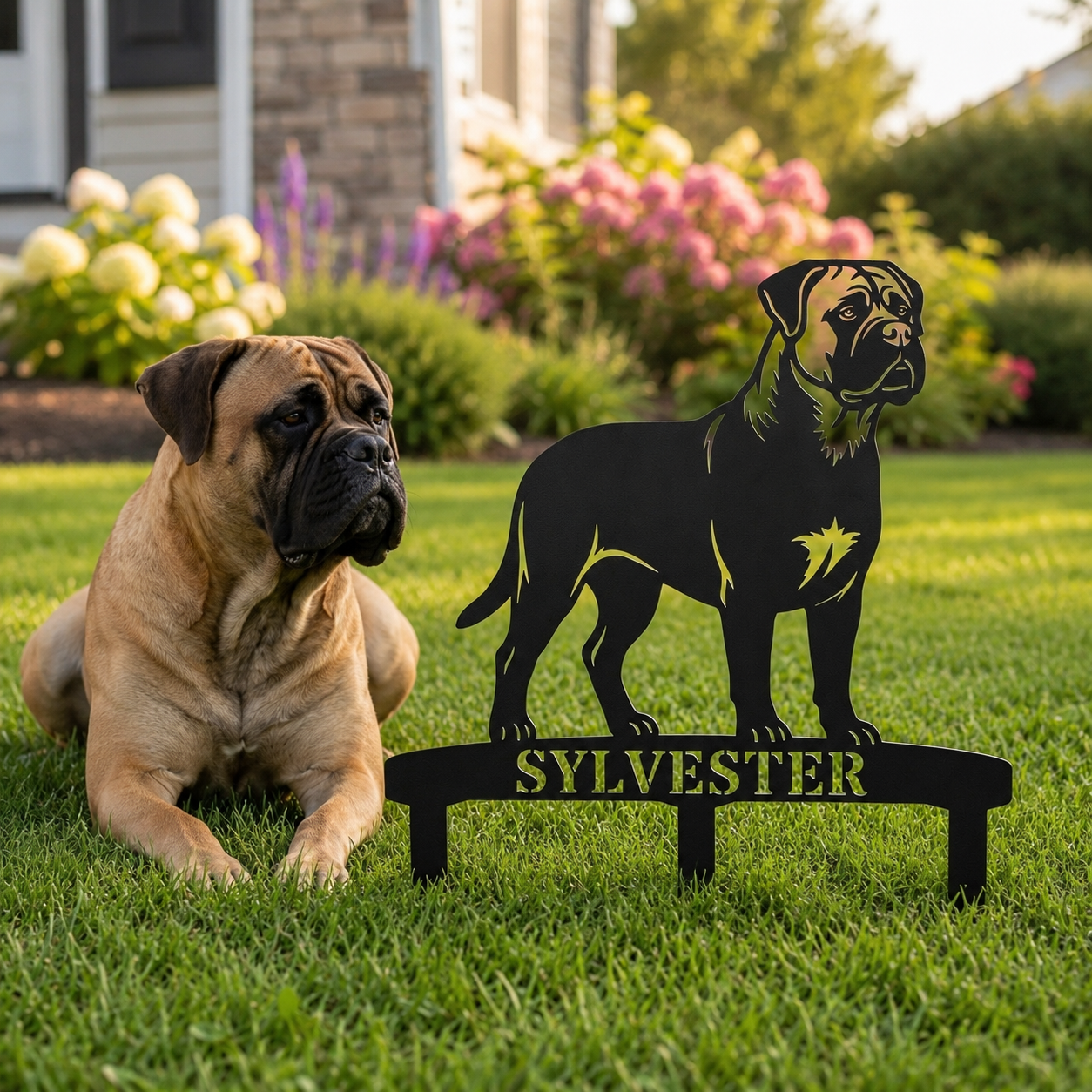 Personalized Bullmastiff Garden Metal Sign With Stakes. Custom Dog Name Gift