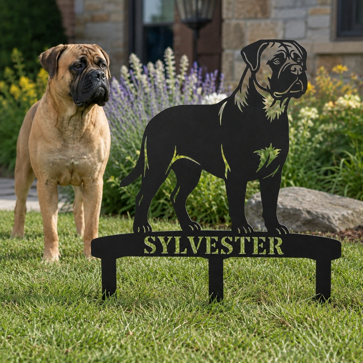 Personalized Bullmastiff Garden Metal Sign With Stakes. Custom Dog Name Gift