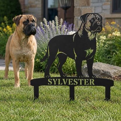 Personalized Bullmastiff Garden Metal Sign With Stakes. Custom Dog Name Gift