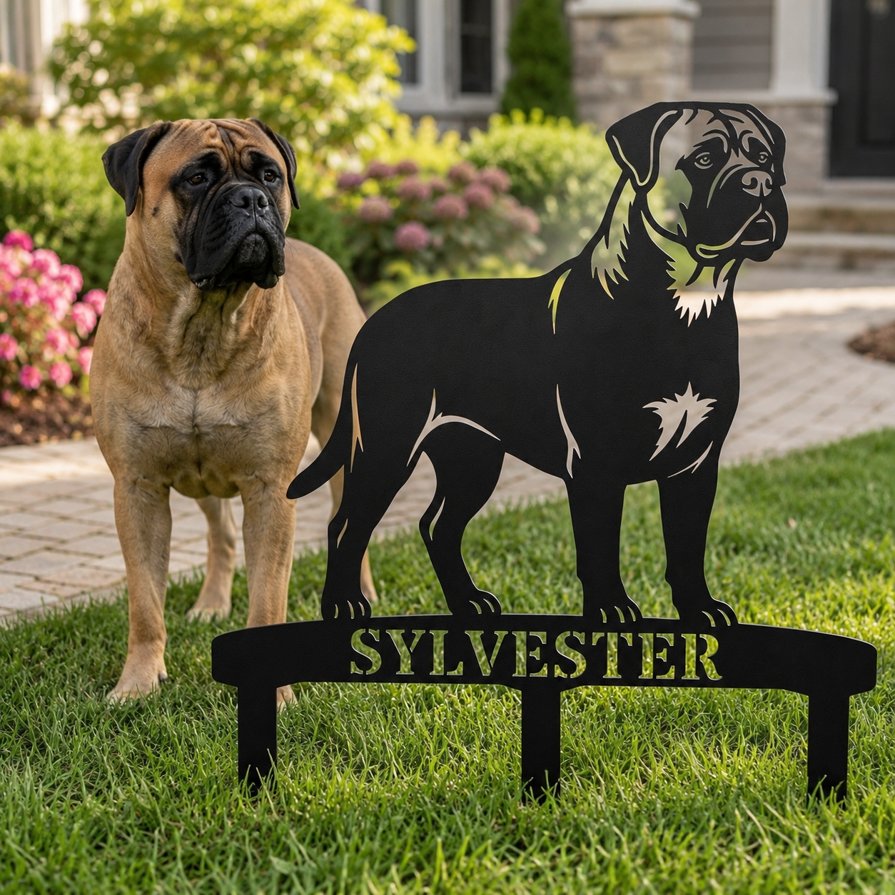Personalized Bullmastiff Garden Metal Sign With Stakes. Custom Dog Name Gift