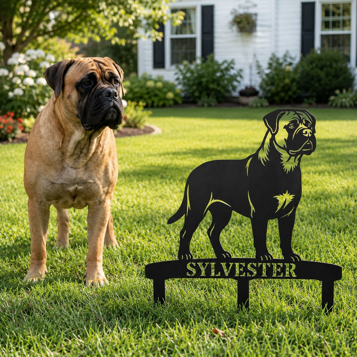 Personalized Bullmastiff Garden Metal Sign With Stakes. Custom Dog Name Gift