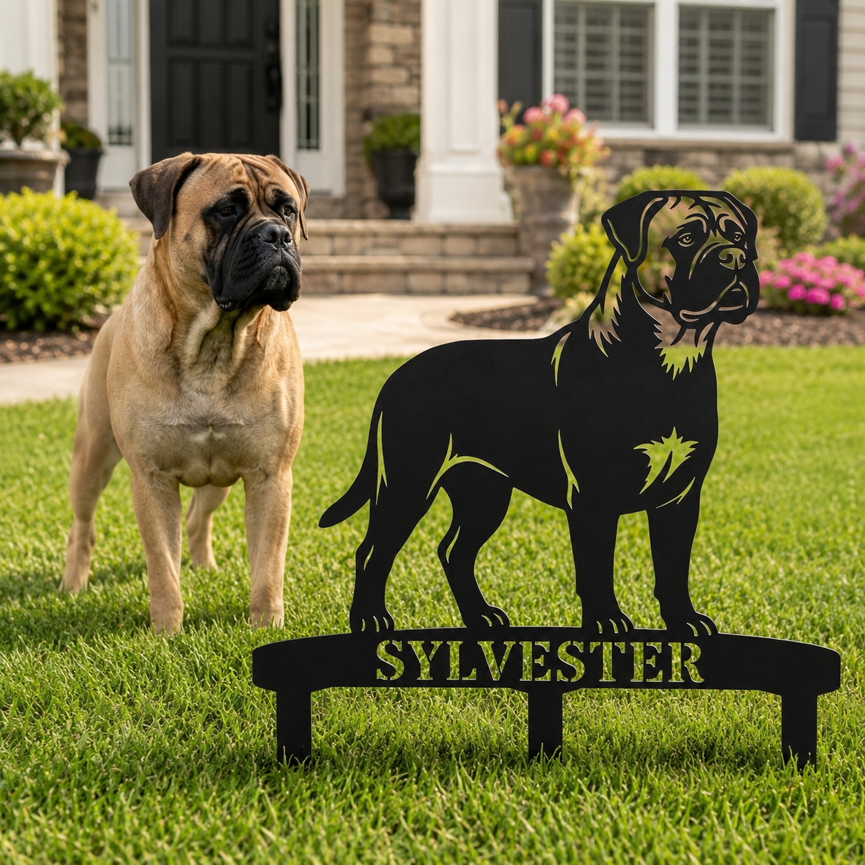 Personalized Bullmastiff Garden Metal Sign With Stakes. Custom Dog Name Gift