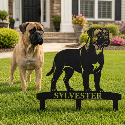 Personalized Bullmastiff Garden Metal Sign With Stakes. Custom Dog Name Gift