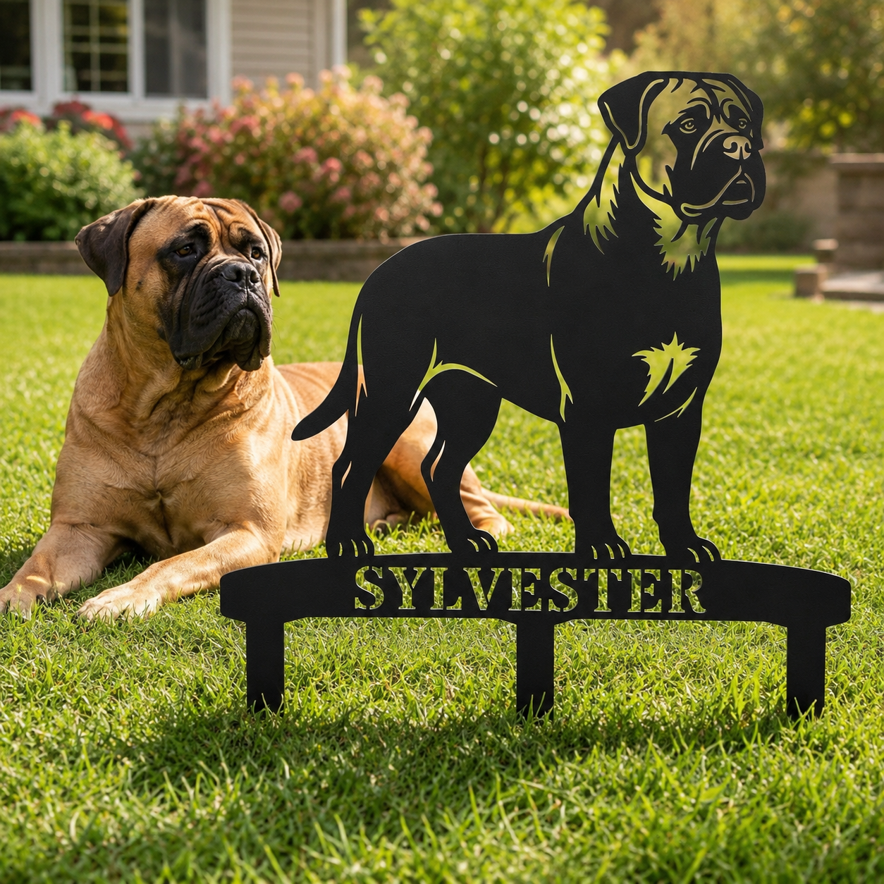 Personalized Bullmastiff Garden Metal Sign With Stakes. Custom Dog Name Gift