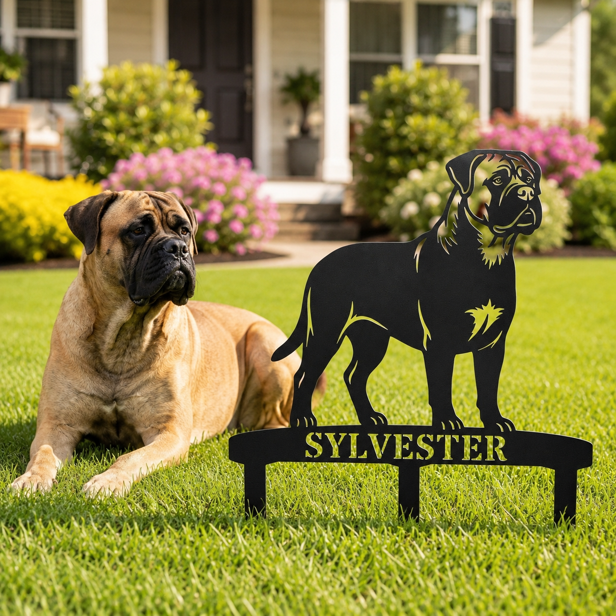 Personalized Bullmastiff Garden Metal Sign With Stakes. Custom Dog Name Gift