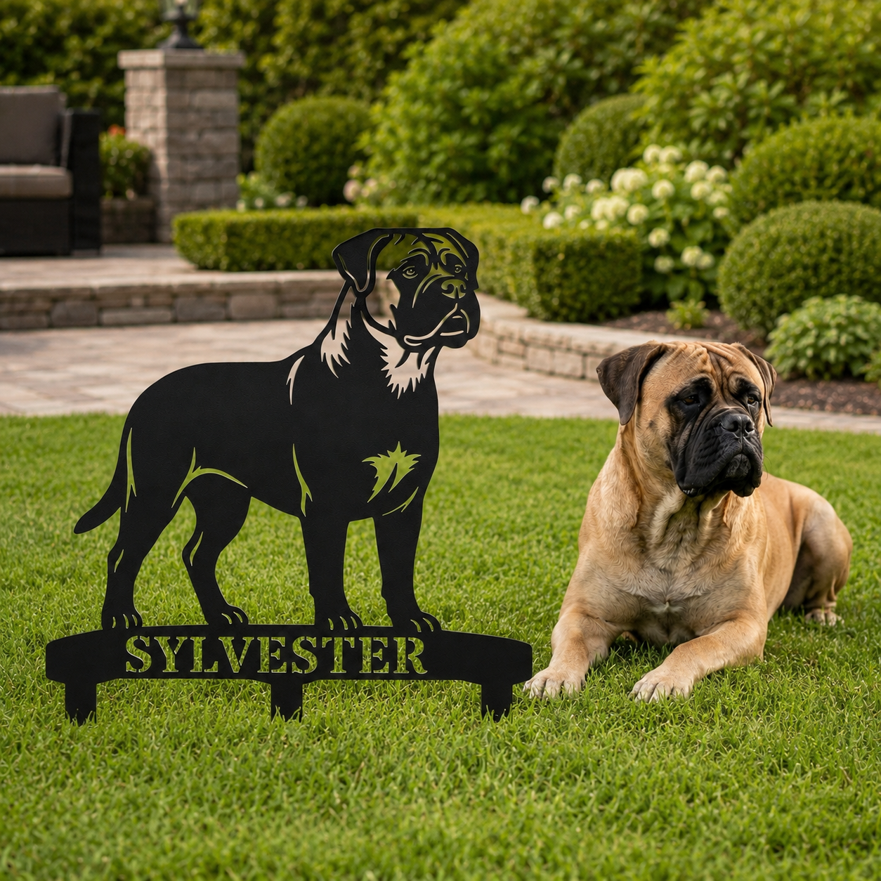 Personalized Bullmastiff Garden Metal Sign With Stakes. Custom Dog Name Gift