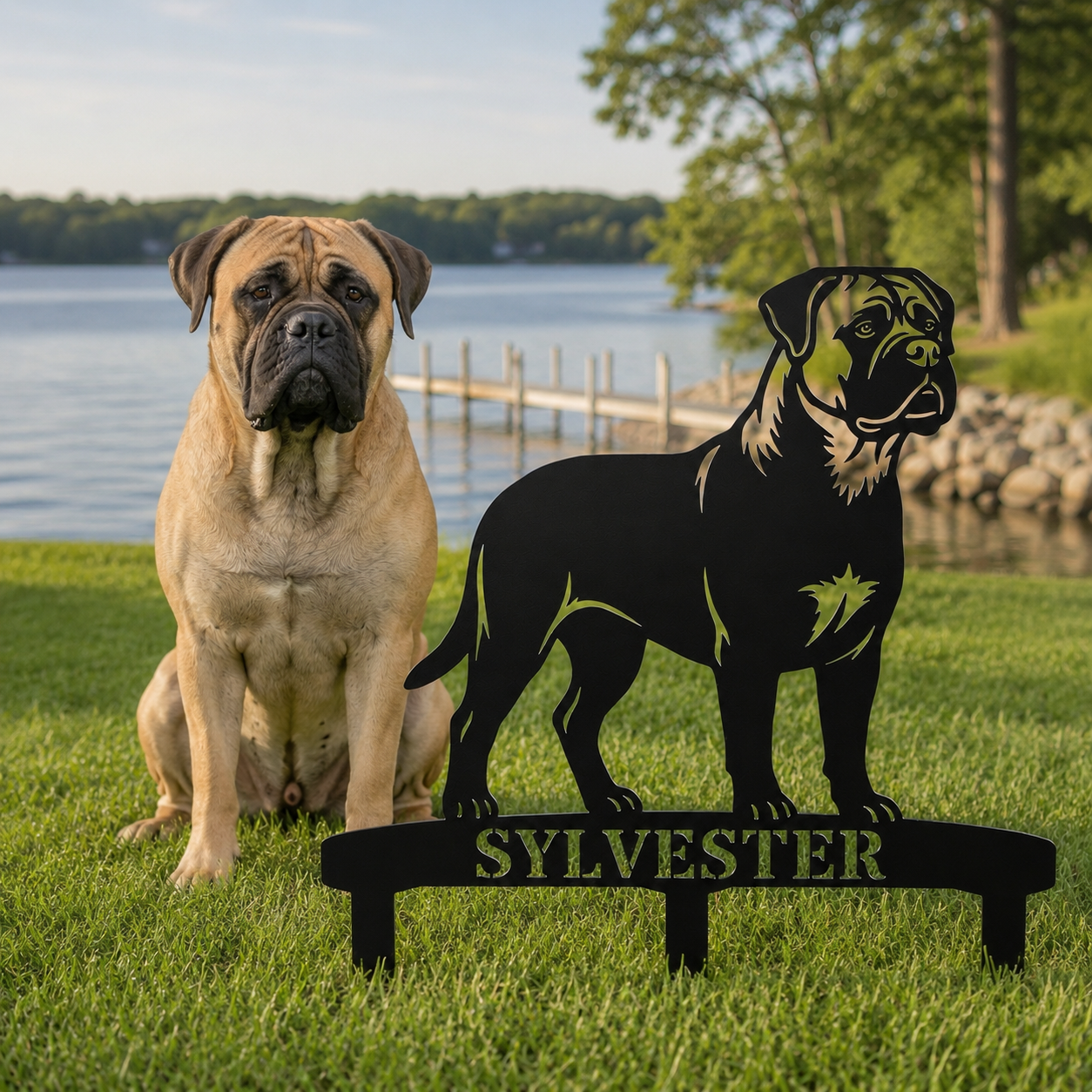 Personalized Bullmastiff Garden Metal Sign With Stakes. Custom Dog Name Gift