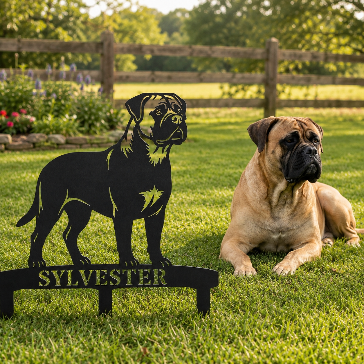 Personalized Bullmastiff Garden Metal Sign With Stakes. Custom Dog Name Gift