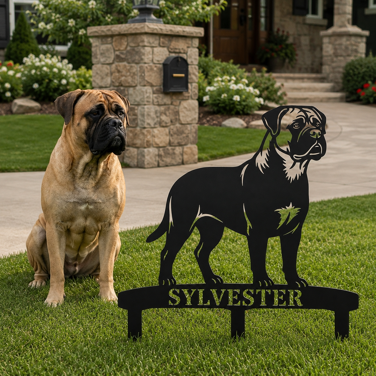 Personalized Bullmastiff Garden Metal Sign With Stakes. Custom Dog Name Gift