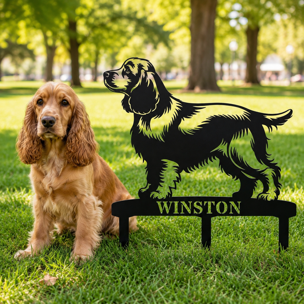 Personalized Cocker Spaniel Garden Metal Sign With Stakes. Custom Dog Lover Name Gift
