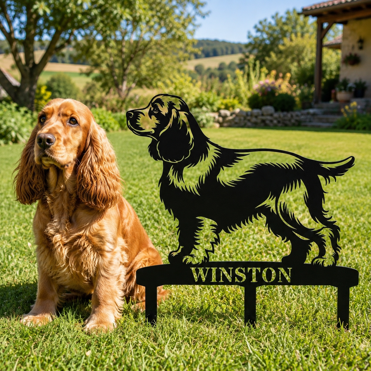Personalized Cocker Spaniel Garden Metal Sign With Stakes. Custom Dog Lover Name Gift