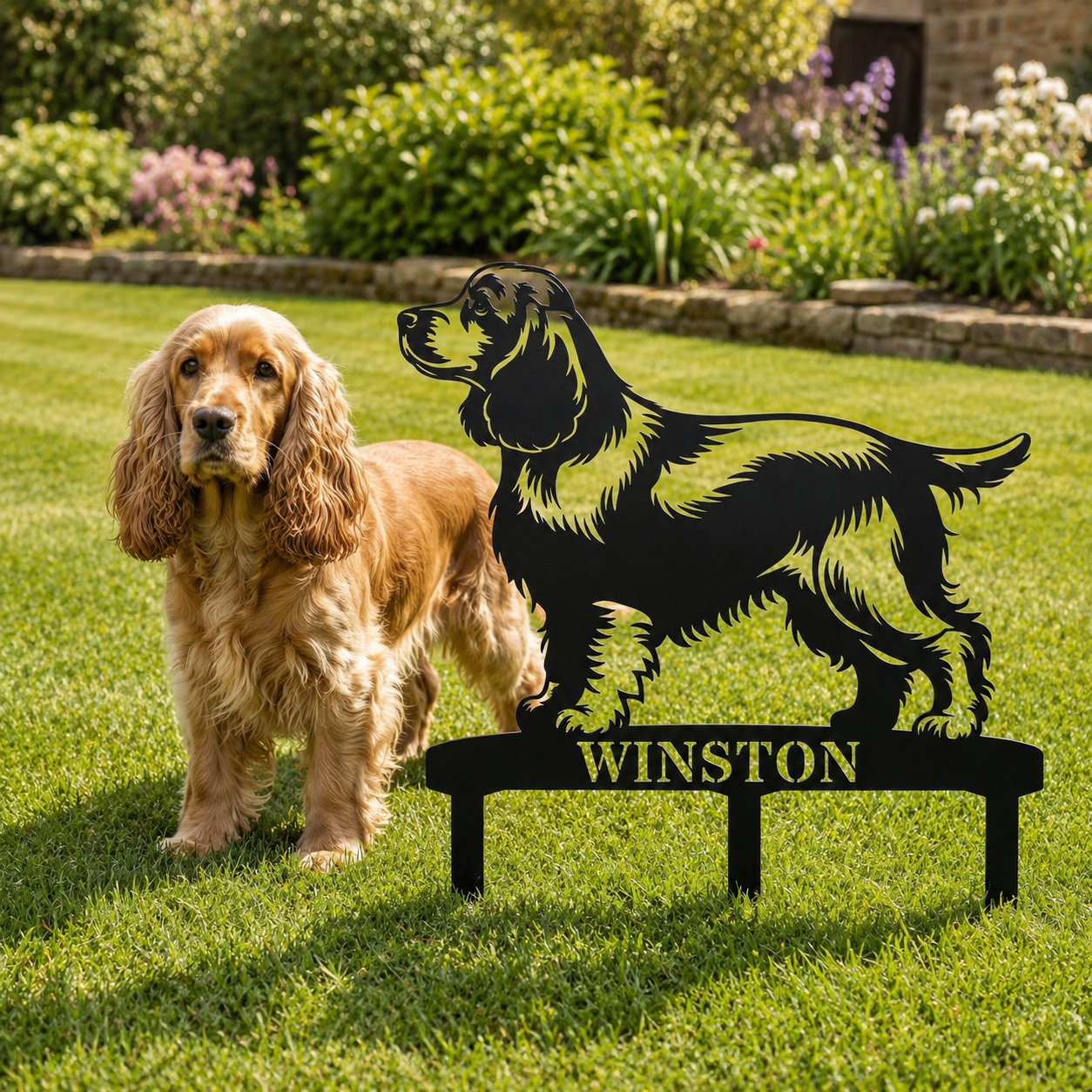Personalized Cocker Spaniel Garden Metal Sign With Stakes. Custom Dog Lover Name Gift