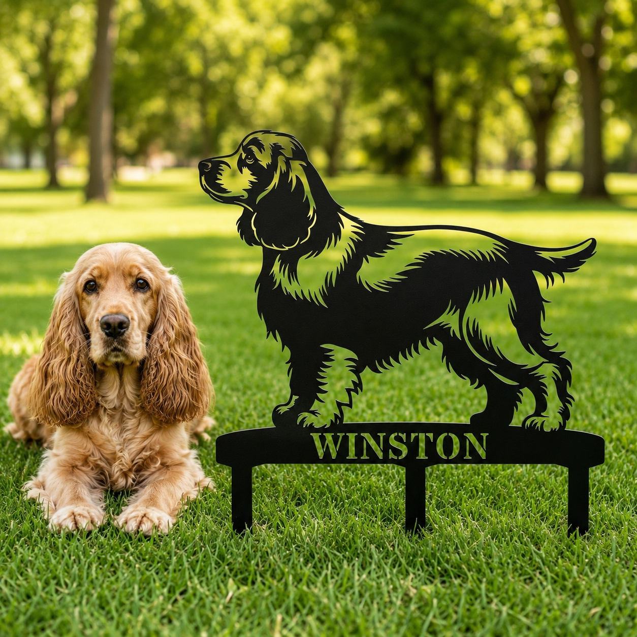 Personalized Cocker Spaniel Garden Metal Sign With Stakes. Custom Dog Lover Name Gift