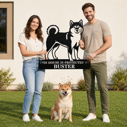 Personalized Shiba Inu Guard Metal Sign. Custom Dog Protect Name Wall Decor