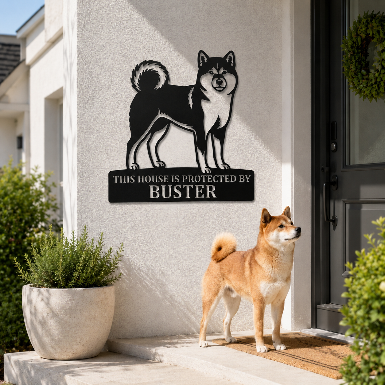 Personalized Shiba Inu Guard Metal Sign. Custom Dog Protect Name Wall Decor