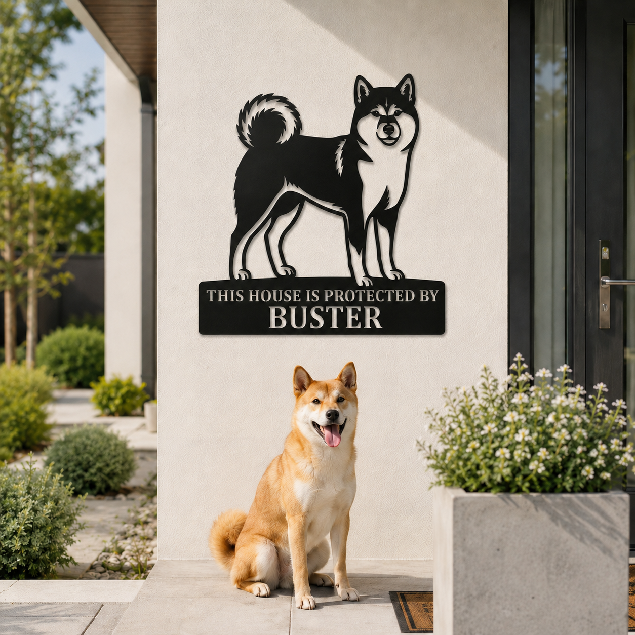 Personalized Shiba Inu Guard Metal Sign. Custom Dog Protect Name Wall Decor