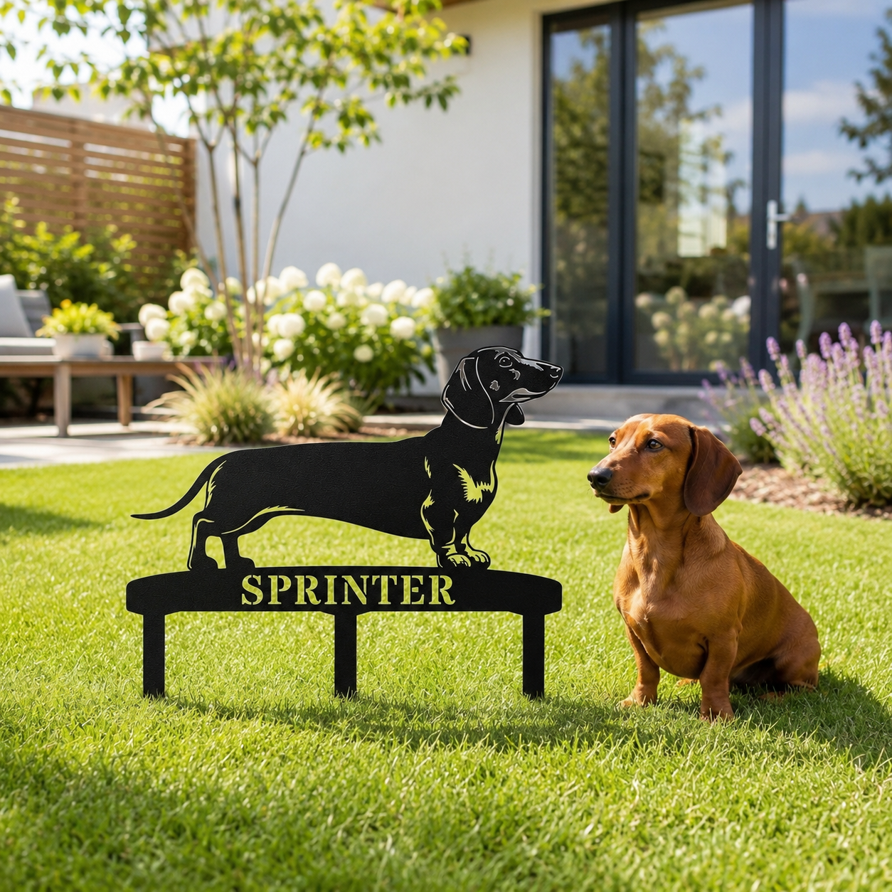 Personalized Dachshund Garden Metal Sign With Stakes. Custom Dog Lover Name Gift