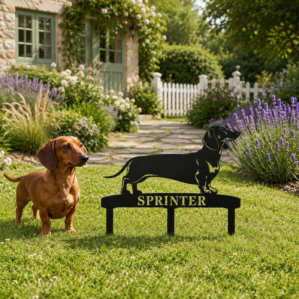 Personalized Dachshund Garden Metal Sign With Stakes. Custom Dog Lover Name Gift