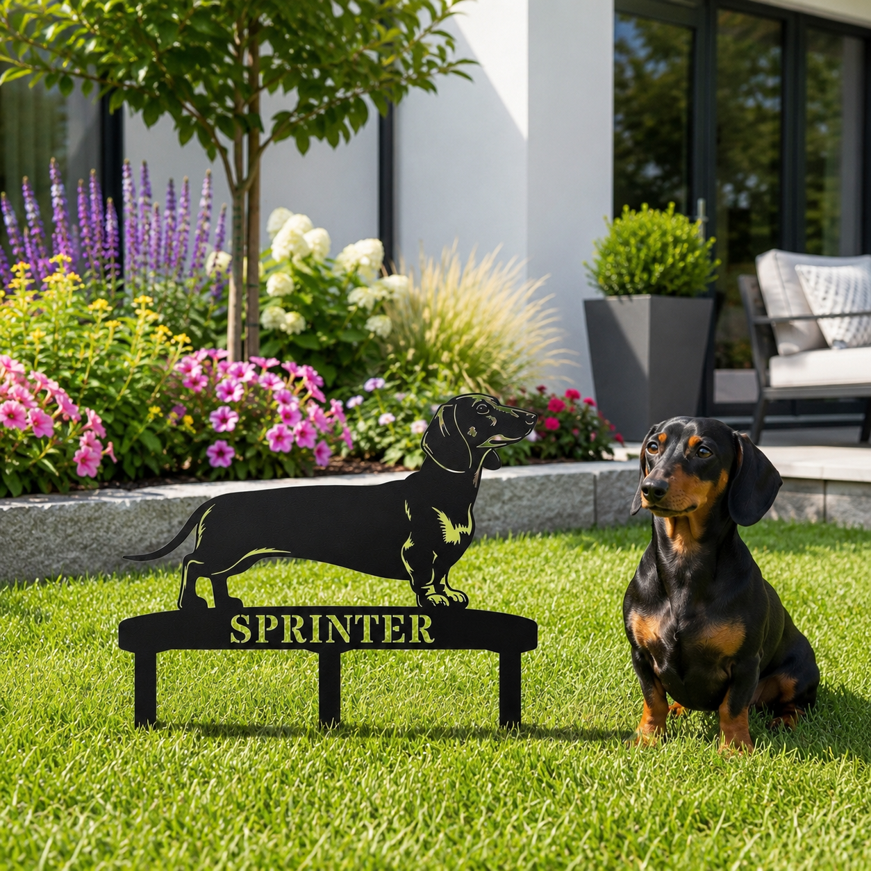 Personalized Dachshund Garden Metal Sign With Stakes. Custom Dog Lover Name Gift