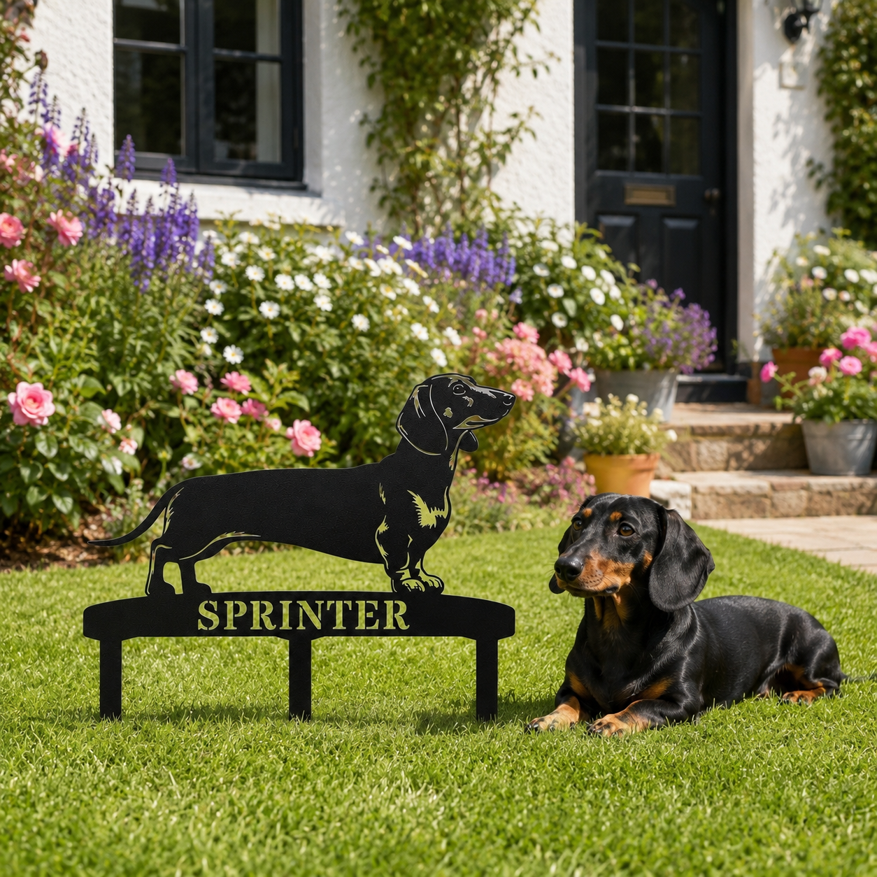 Personalized Dachshund Garden Metal Sign With Stakes. Custom Dog Lover Name Gift