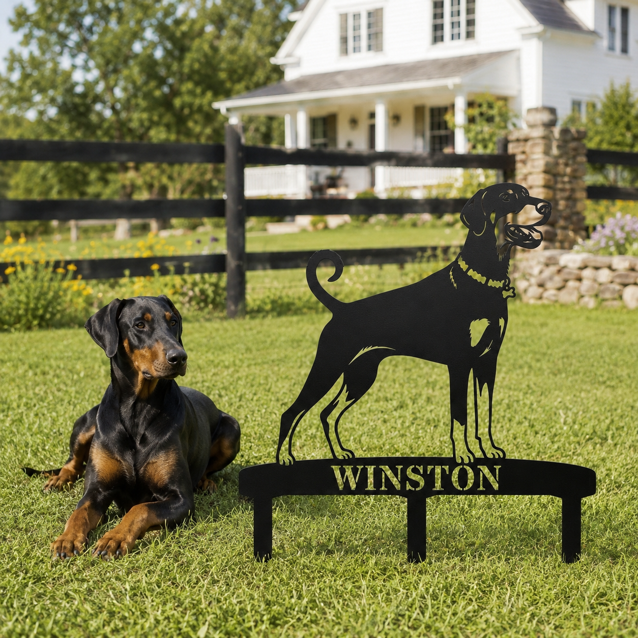 Personalized Dobermann Garden Metal Sign With Stakes. Custom Dog Lover Name Gift