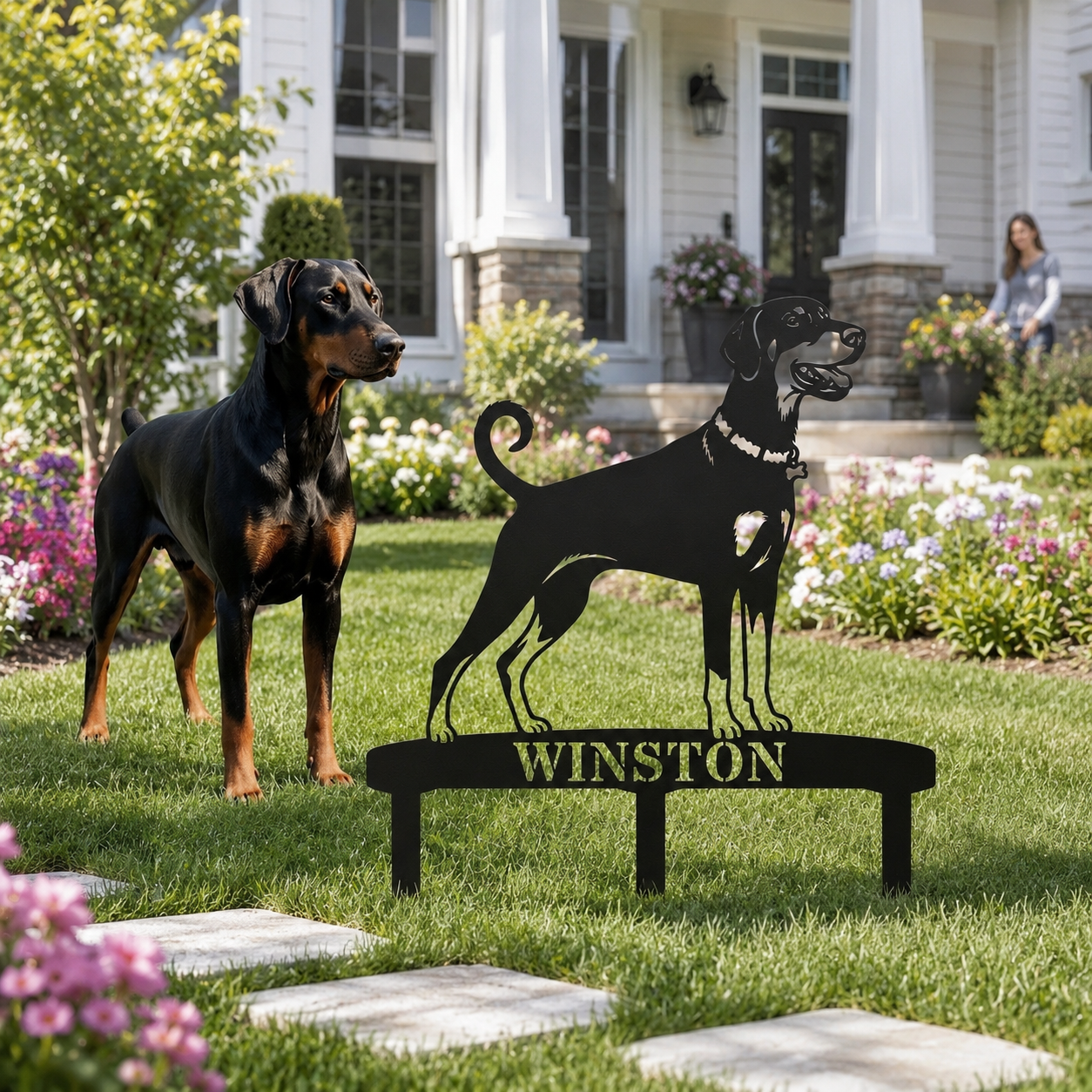 Personalized Dobermann Garden Metal Sign With Stakes. Custom Dog Lover Name Gift